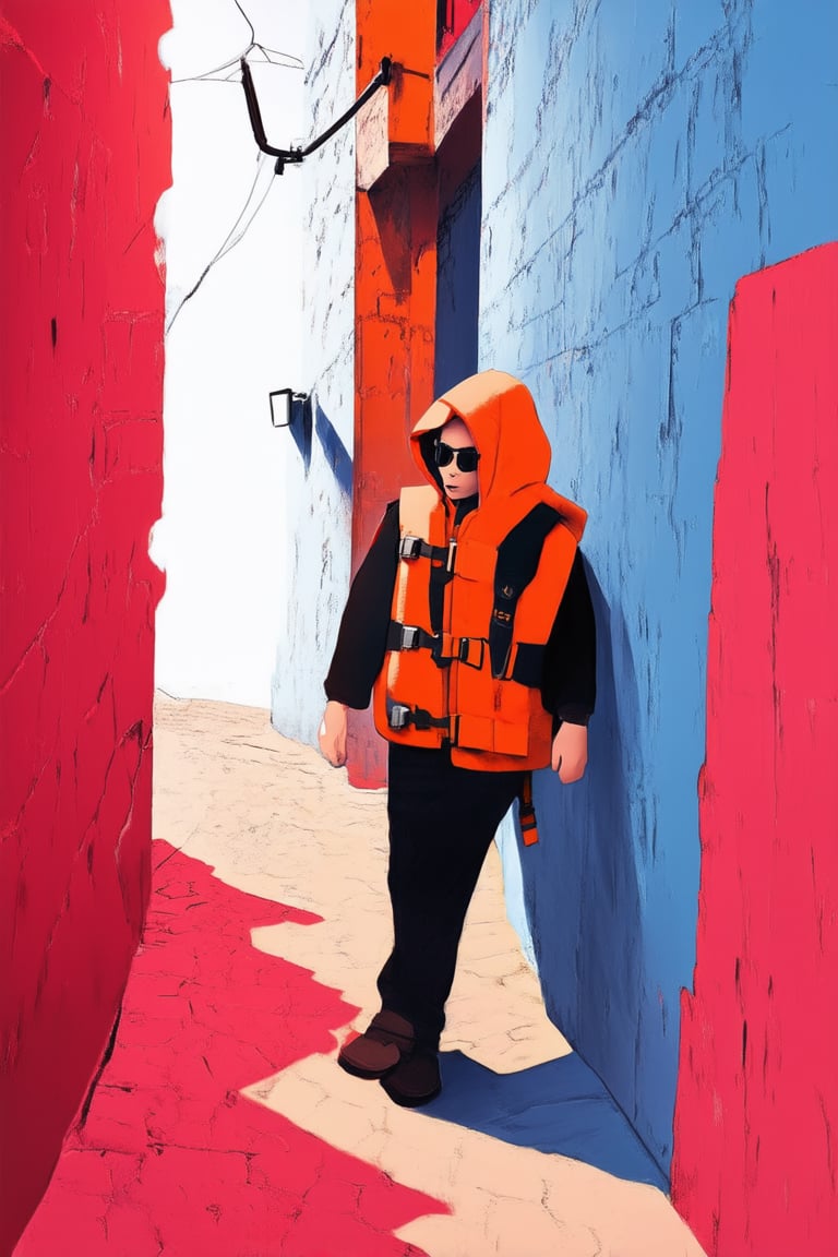 A dimly lit alleyway at dusk, with worn brick walls and flickering streetlights casting long shadows. A figure in a bright orange life jacket and sunglasses, face obscured by a hoodie, appears to be emerging from the darkness, eyes fixed on something unseen. The air is thick with mystery and intrigue.