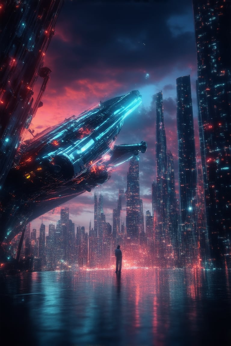 A sleek, silver spaceship descends onto a neon-lit cityscape at dusk, its landing gear unfolding like metallic petals. The futuristic metropolis sprawls beneath, a tapestry of towering skyscrapers and holographic advertisements reflecting the darkening sky. A lone figure in a flowing jumpsuit stands at the edge of the landing pad, gazing up at the ship with a mix of wonder and trepidation.