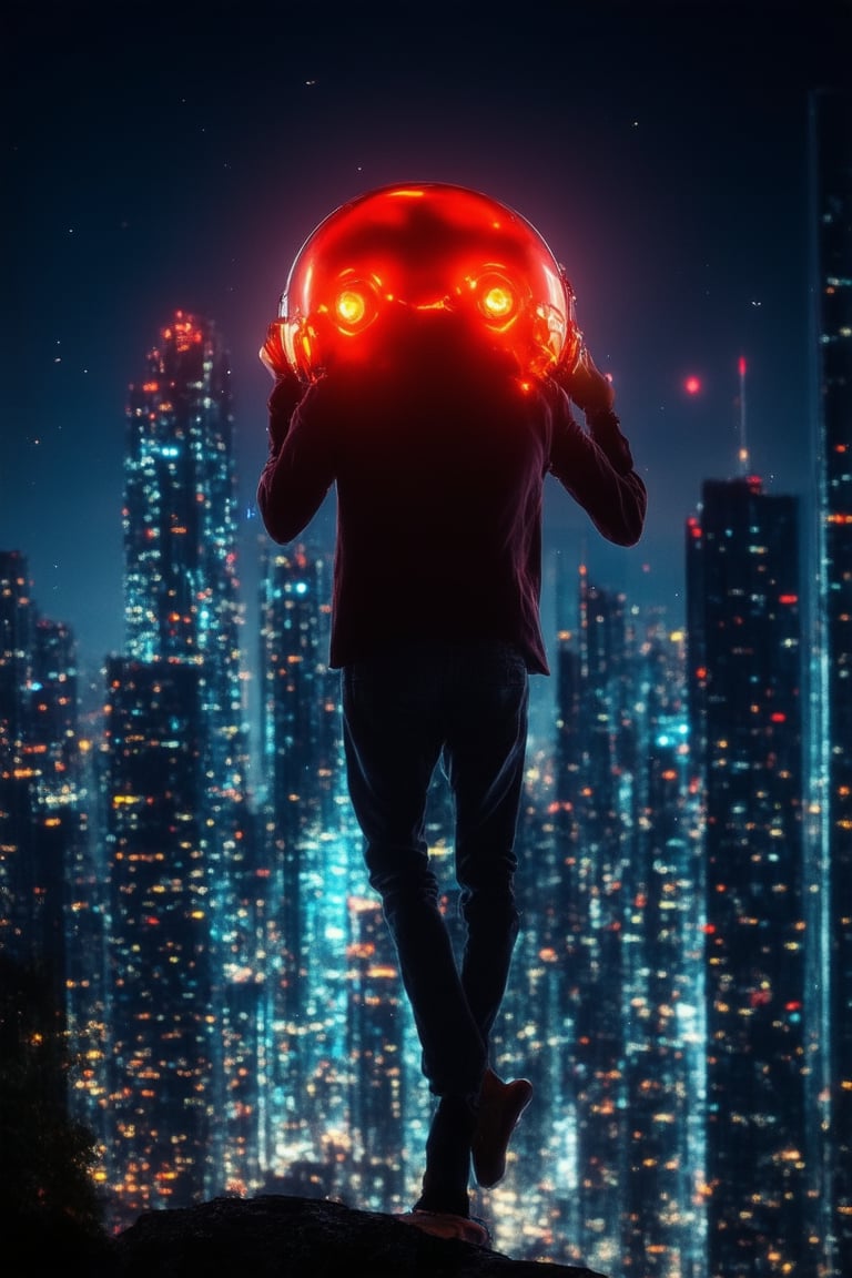 A sleek, metallic cityscape unfolds in a dimly lit, neon-drenched night. Towering skyscrapers pierce the dark sky like shards of glass, their reflective surfaces glinting with a fiery intensity. Amidst this urban landscape, a lone figure stands poised on the edge of a precipice, arms outstretched and legs splayed, as if defying gravity. The subject's helmeted head is cocked back, eyes aglow with an otherworldly energy.