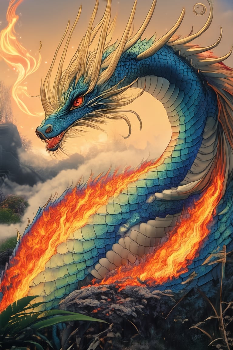 A mystical realm awakens with whispers of ancient magic. A dragon's scales glimmer in fiery hues, as it poses proudly amidst a backdrop of swirling mist and lush greenery. Soft, golden light illuminates the scene, casting a warm glow on the creature's majestic form. The air is filled with wispy tendrils of fog, adding to the mystique.