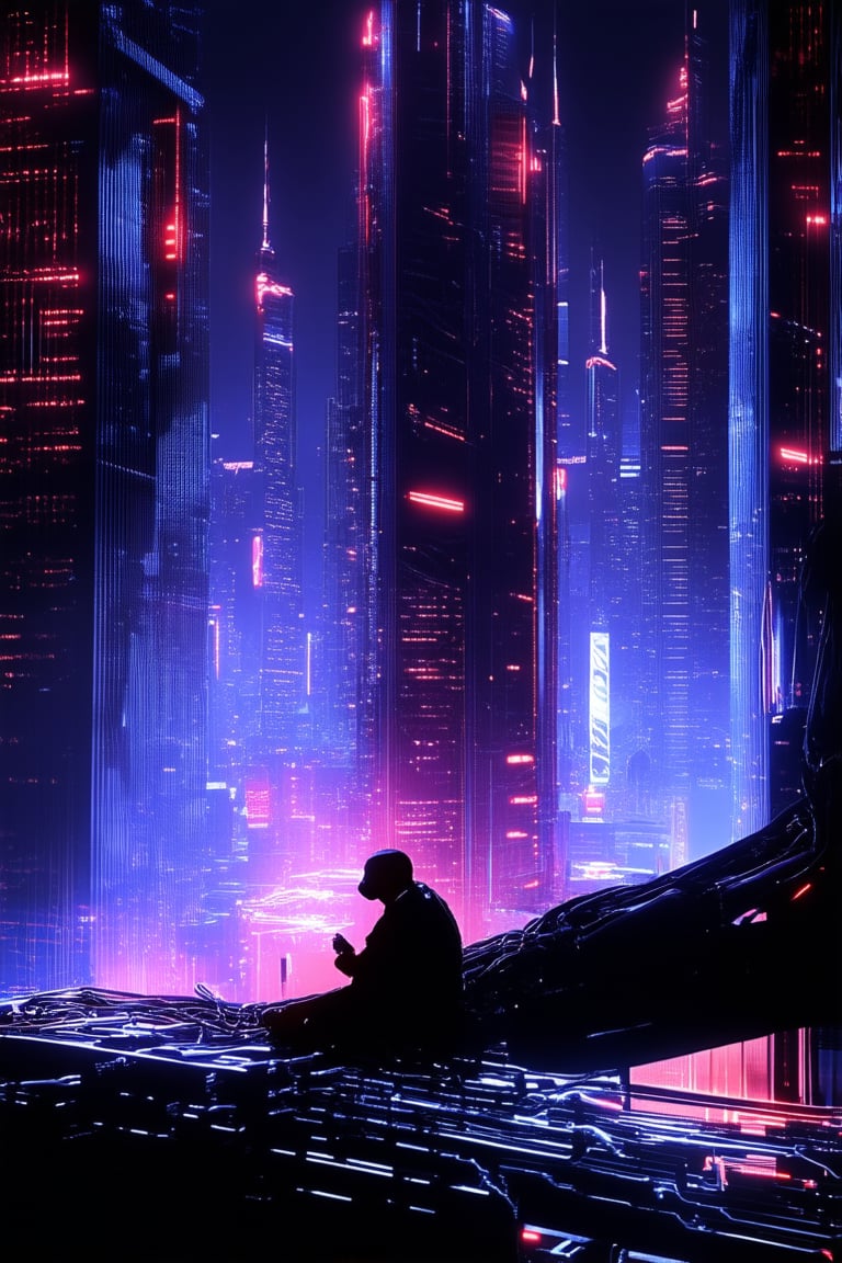 A futuristic cityscape at dusk, neon-lit skyscrapers piercing the smog-filled sky as humans and robots coexist in harmony. A lone hacker sits amidst a tangle of wires and circuit boards, eyes fixed intently on a holographic display projecting code streams. The air is thick with electricity and anticipation.