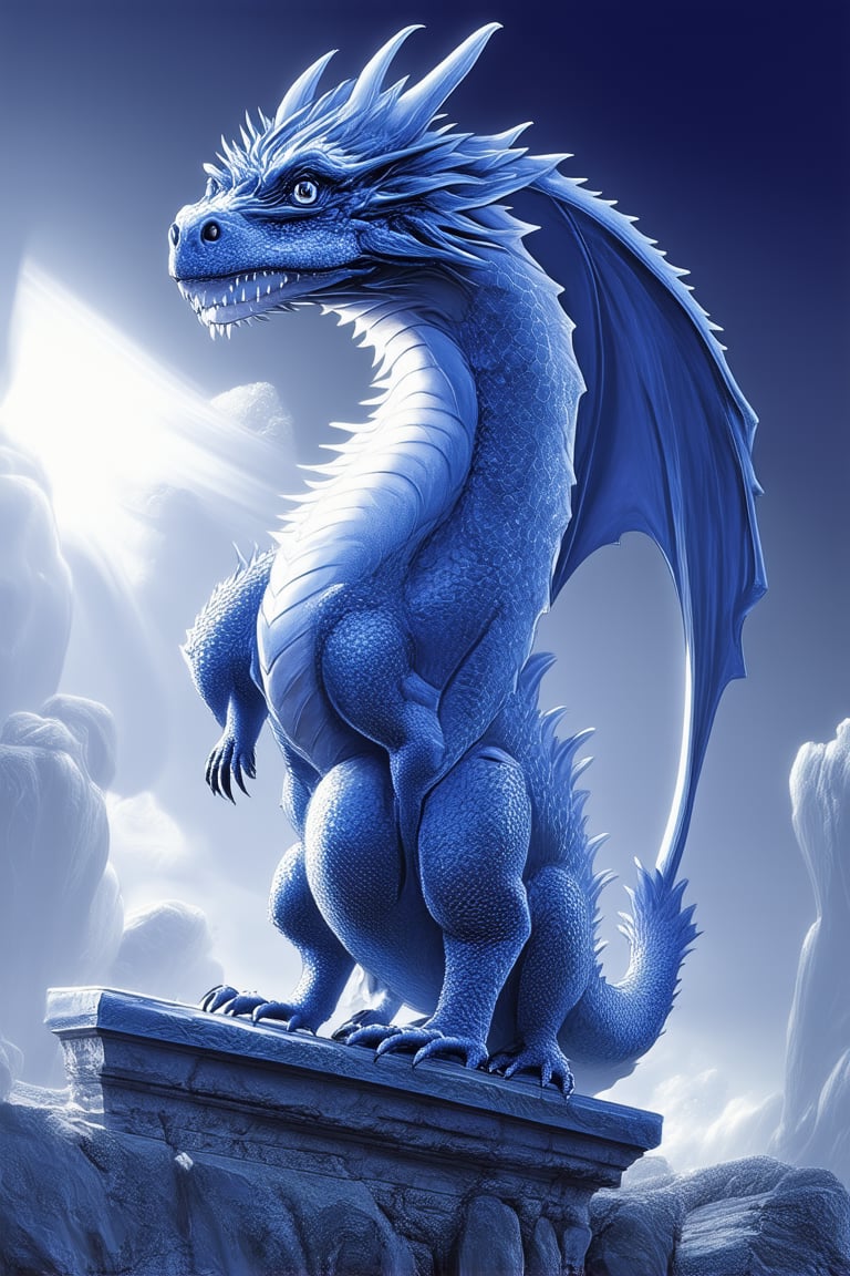 A majestic blue: A regal dragon perches atop a worn, weathered stone pedestal, its shimmering scales reflecting a brilliant cerulean hue. The camera frames the dragon's powerful form against a gradient sky of deep blues and whites, sunlight casting an ethereal glow on the ancient rock below.