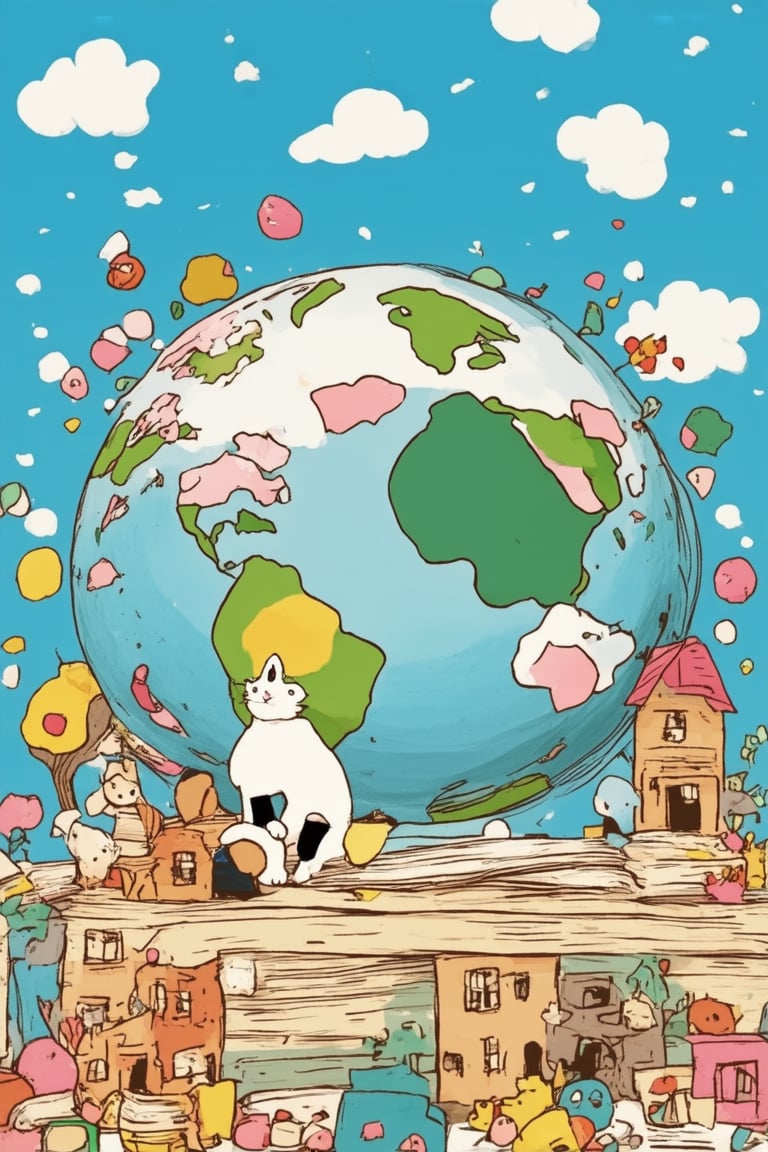 A chibi-style image of everything: A whimsical illustration featuring a miniature representation of the entire world, with tiny buildings, trees, and creatures. Framed by a bright blue sky with puffy white clouds, the scene is bathed in warm sunlight. In the foreground, a curious kitten Eveything gazes out at the viewer, surrounded by scattered toys and books, as if pondering the wonder of it all.