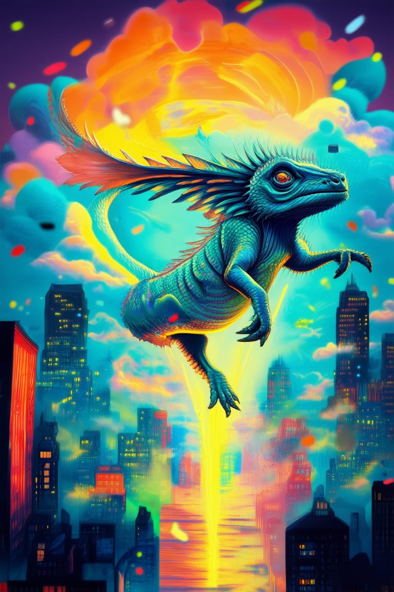 A whimsical illustration of a fantastical creature surrounded by swirling clouds of vibrant, electric blue and fiery orange hues, set against a warm golden light. The subject's iridescent scales shimmering with an inner glow, as it poses mid-air amidst a kaleidoscope of colorful confetti, amidst a cityscape backdrop at sunset.