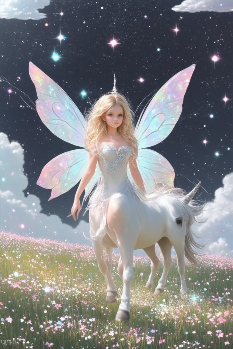 A whimsical illustration depicting a mystical realm where wonder and magic converge. A radiant fairy, surrounded by swirling clouds of glittering stardust, hovers above a lush meadow aglow with soft, ethereal light. The fairy's delicate wings shimmer in harmony with the sparkling atmosphere, while a majestic unicorn stands watchful in the distance, its horn emitting a warm, golden glow.