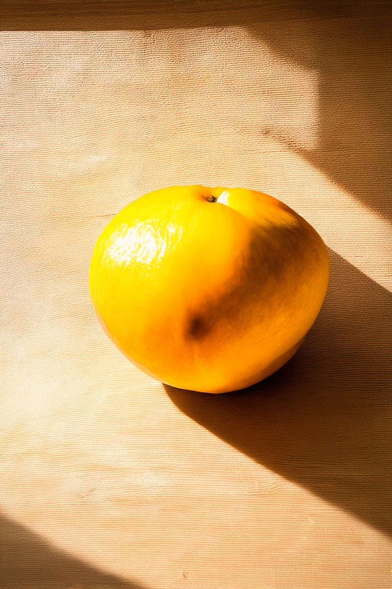 A close-up shot of a bright yellow Hakame fruit against a warm wooden background, lit by soft morning sunlight streaming through a window, highlighting its vibrant color and delicate texture. The fruit is slightly angled to showcase its curves, with a few subtle highlights on the ridges.