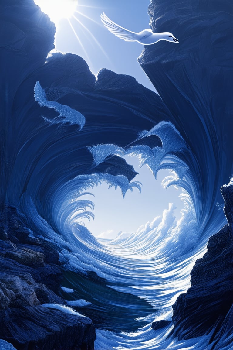 A majestic blue ocean wave crashes against a rocky coastline, with sunlight refracting through the water, casting a warm glow on the surrounding cliffs. A solitary seagull soars overhead, its feathers a brilliant shade of blue, as if matching the vibrant hue of the sea. The composition is dramatic, with the wave's crest forming a natural frame around the gulls' flight.