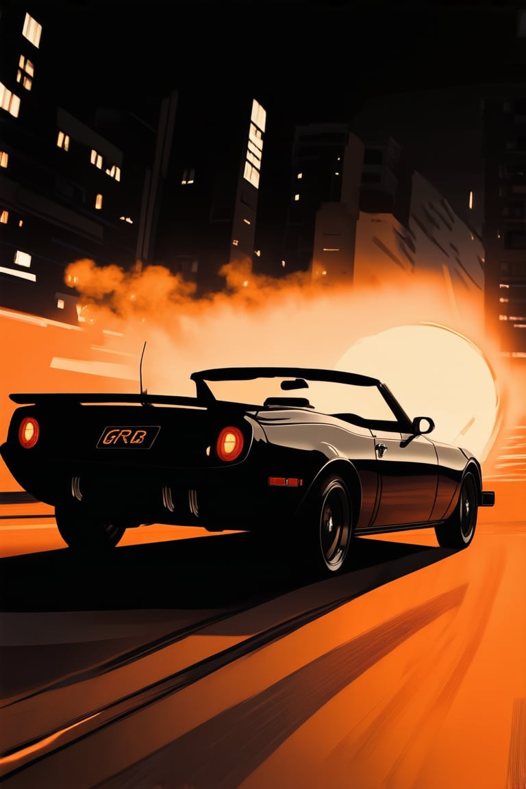 A retro-futuristic cityscape at dusk, bathed in a warm orange glow from the setting sun. A sleek black convertible, reminiscent of 1990s excess, speeds down the highway, exhaust pipe puffing out a trail of smoke. The license plate reads 'GR8' as a nod to the decade's iconic slang.