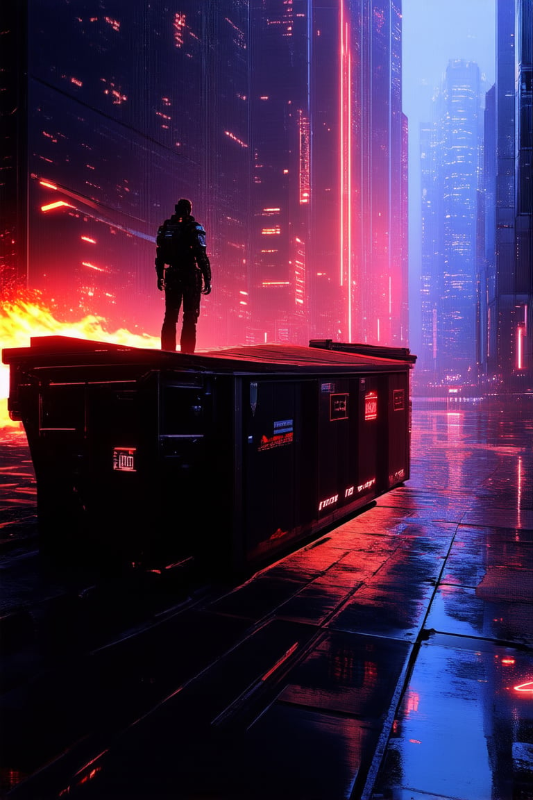 A futuristic cityscape at dusk, with sleek skyscrapers and neon lights reflecting off wet asphalt. A lone figure, a cyborg hacker, stands atop a dumpster, backlit by the fiery hues of the setting sun. They gaze out upon the urban sprawl, their cybernetic eye glowing bright blue.