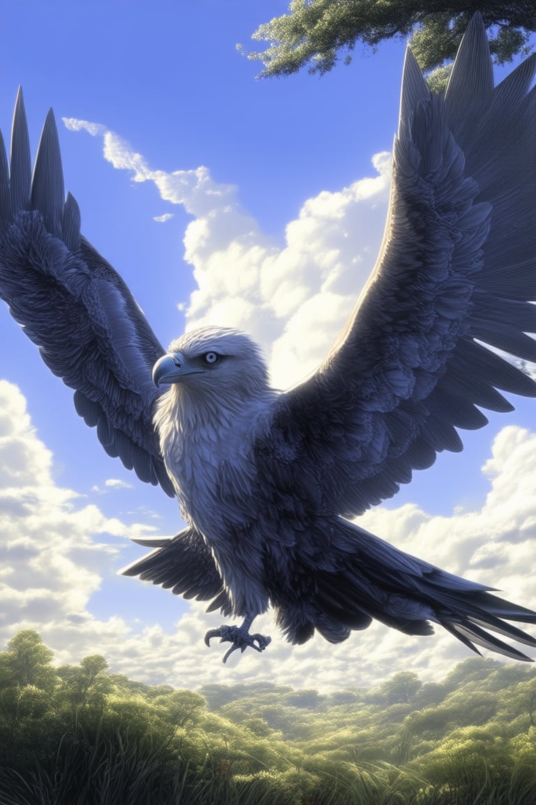 A majestic blue sky with wispy white clouds stretching across the horizon, softly illuminated by a warm sunlight casting a gentle glow on the lush green landscape below. A regal eagle perches atop a stately tree, its piercing gaze scanning the vast expanse as it spreads its broad wings, ready to take flight.