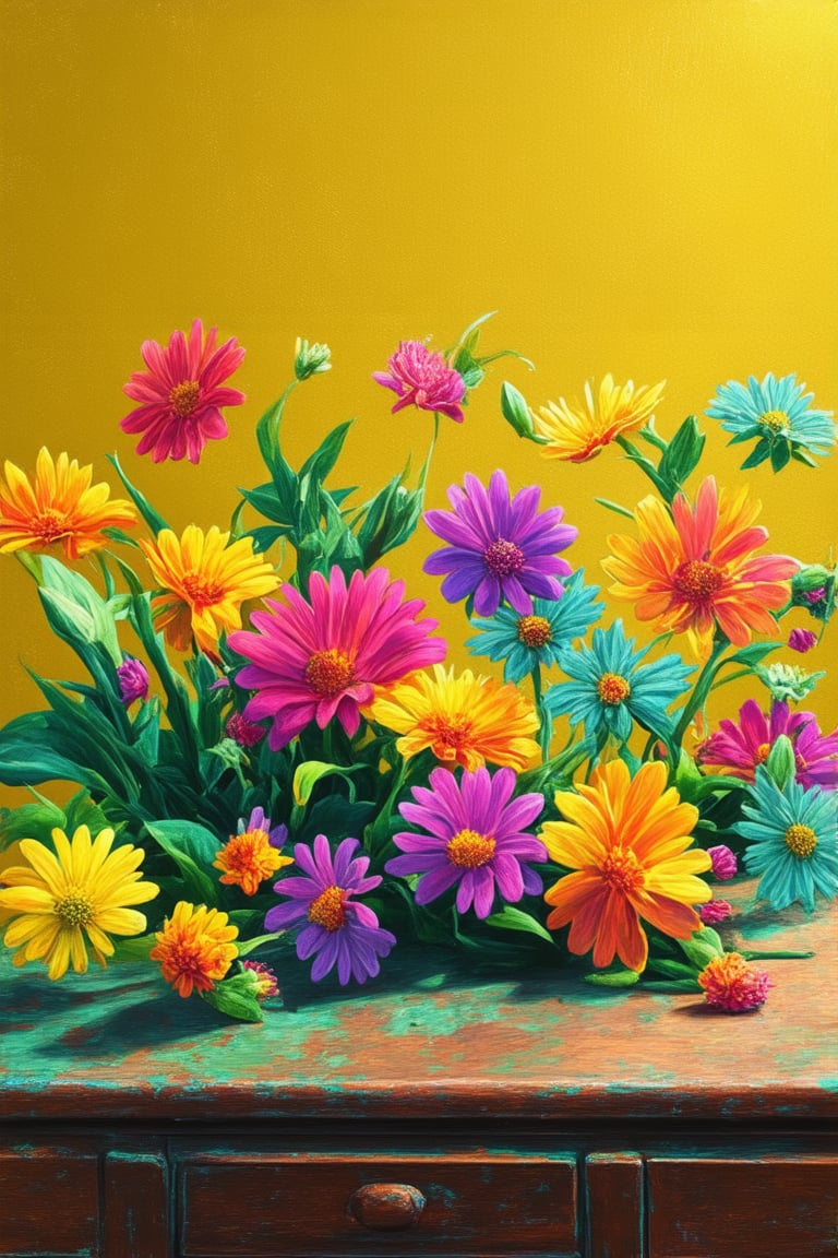 A whimsical still life composition featuring a medley of vibrant, colorful flowers in various shapes and sizes, arranged haphazardly on a worn wooden table against a warm, sunny yellow background. Soft, golden light casts a gentle glow on the petals, accentuating their intricate patterns and textures. A few stray blooms spill over the edge of the table, creating a sense of joyful chaos.