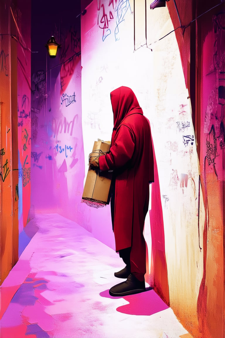 A dimly lit alleyway at night, with graffiti-covered walls serving as a backdrop. In the center, a hooded figure, shrouded in mystery, holds a mysterious package wrapped in brown paper and twine. The only illumination comes from a faint streetlight above, casting long shadows across the pavement. The air is thick with anticipation.