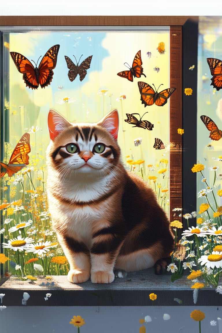 A whimsical illustration of a curious cat sitting on a windowsill, surrounded by fluttering butterflies and delicate flowers. The feline's eyes shine bright with wonder as it gazes out at the sunlit garden below, where daisies sway gently in the breeze. Soft focus and warm color tones evoke a sense of peacefulness.