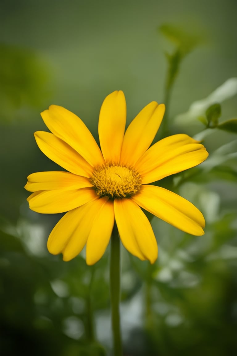 A vibrant yellow Hakame flower sits center frame, petals radiating outward like a miniature sun. Soft morning light casts a warm glow, emphasizing the delicate texture and subtle curves of the bloom. The background is a blurred green, representing the lush foliage that cradles the flower.