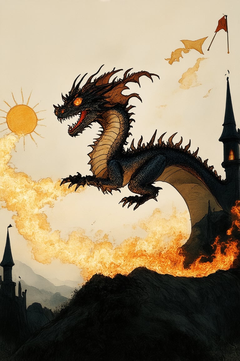 A fantastical medieval landscape serves as the backdrop for this whimsical scene: rolling hills, towering spires, and fluttering pennants create a sense of wonder. A majestic dragon, with scales shimmering like polished gemstones, spreads its regal wings as it prepares to take flight. The sun casts a warm, golden glow upon the scene, illuminating the intricate details of the architecture and the dragon's fiery breath. The composition is balanced by the placement of the dragon at the center, with the surrounding environment subtly guiding the viewer's gaze.