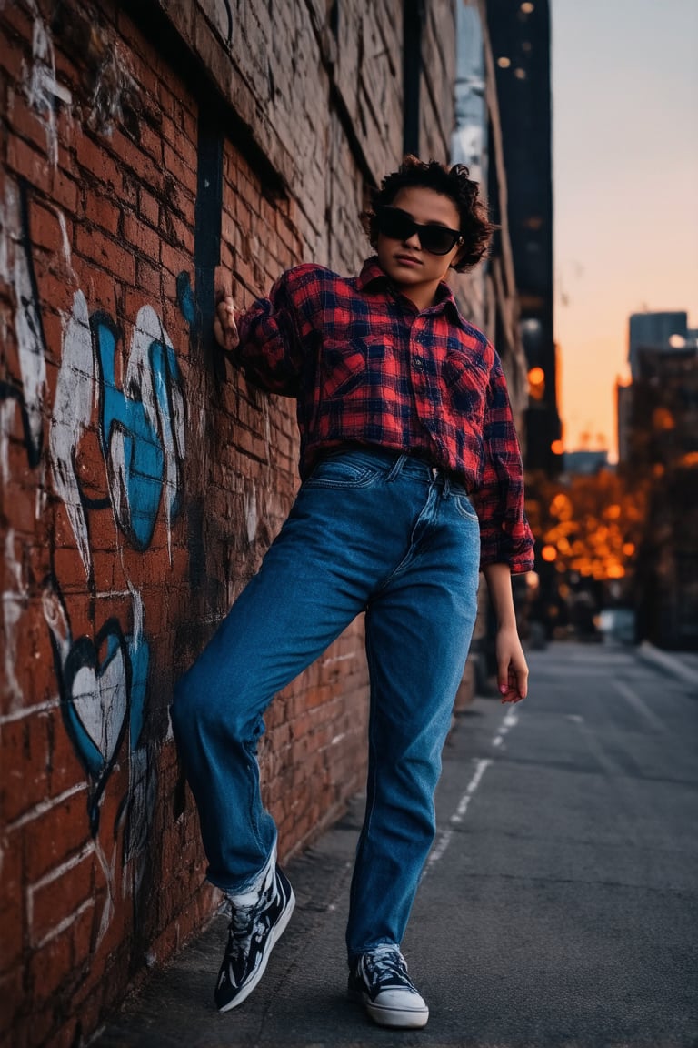 A nostalgic vibe! Here's a prompt:

VHS-taped sunset on a worn-out cassette tape background. A retro-styled teenager in high-waisted jeans and a oversized flannel shirt, leaning against a graffiti-covered brick wall, sporting a scrunchie and chunky sneakers. Faded neon lights reflect off their trendy shades as they gaze out at the cityscape, capturing the carefree essence of 1990s youth.