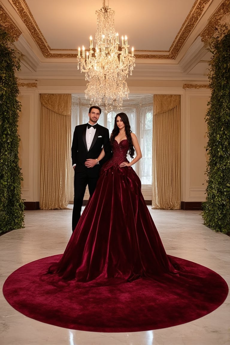 A majestic ballroom scene: a plush, crimson carpet unfurls like a velvet ribbon across the polished marble floor. Chandeliers suspended from ornate gold frames cast a warm, golden glow, as if infused with the essence of luxurious opulence. A stunning belle, resplendent in a beaded, champagne-hued gown, glides effortlessly across the room, her long, raven tresses cascading like a waterfall of night, while a dashing gentleman, attired in a tailored black tuxedo, looks on with adoring eyes, surrounded by lush greenery and delicate candelabras.