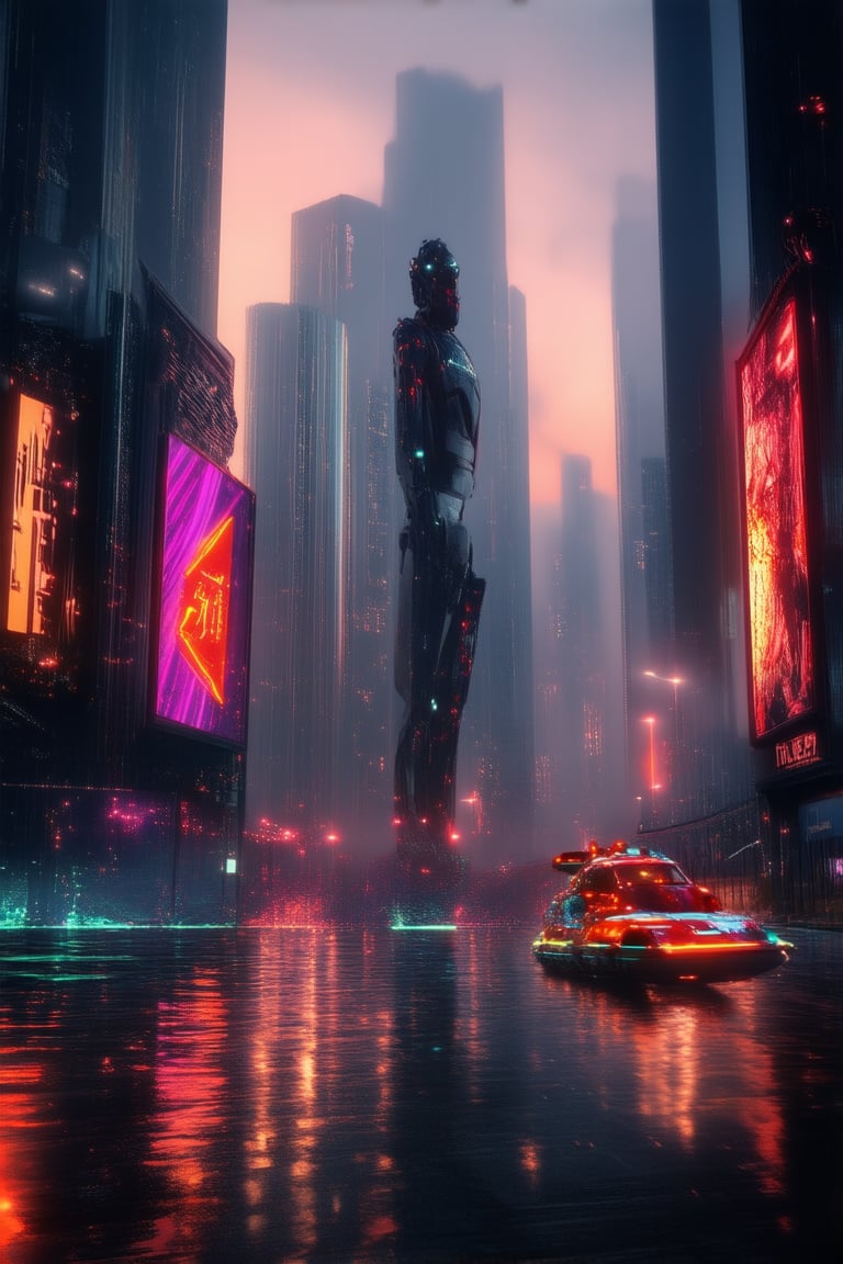 A futuristic cityscape at dusk, with sleek skyscrapers and neon-lit billboards reflecting off a misty lake. A hovercraft taxis down the main avenue, leaving a trail of sparks as it approaches a towering robot statue. The atmosphere is hazy and electric, with spotlights casting long shadows on the wet pavement.