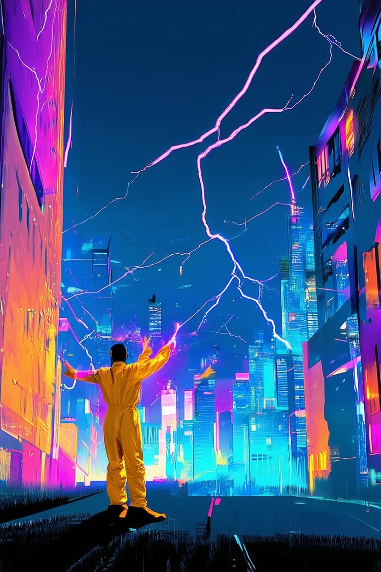 A vibrant, neon-lit cityscape at dusk, with buildings glowing in extreme hues of electric blue and fiery orange. The sky is a deep shade of indigo, illuminated by a burst of purple lightning. In the foreground, a figure in a bright yellow jumpsuit stands confidently, arms outstretched, as if embracing the kaleidoscope of colors around them.