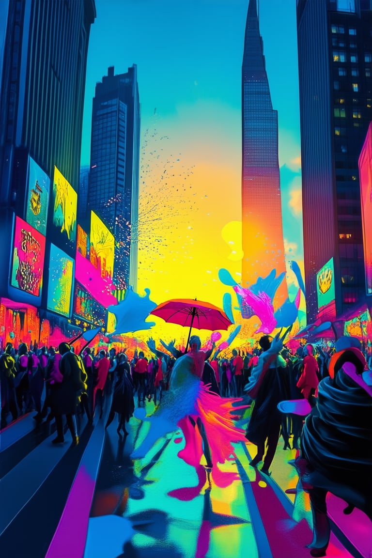 A vibrant and colorful cityscape at sunset: a kaleidoscope of bright hues - warm oranges, electric blues, sunshine yellows - dance across the towering skyscrapers, while street performers in bold costumes add splashes of color to the scene. A bright pink umbrella stands out against the rich blue sky, as people of all ages gather in joyous celebration.