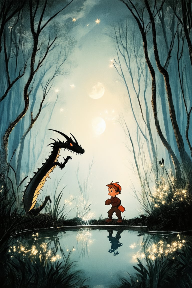 A whimsical animated scene inspired by Don Bluth's style: A mystical forest glows with a soft, ethereal light. Tall trees, adorned with glowing vines, tower above the underbrush where a curious young adventurer (think Dragon's Lair's Dirk) cautiously approaches a clearing. The camera pans down to reveal a shimmering pool of water reflecting the moon's silvery glow.