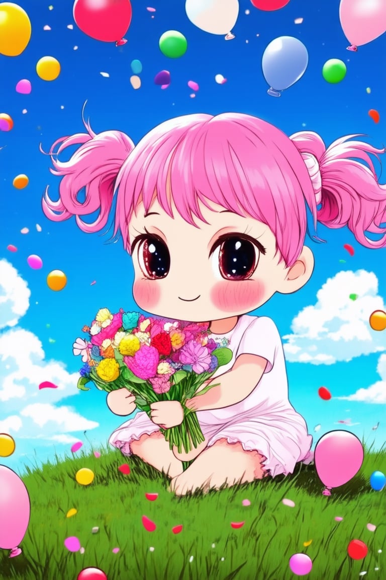 A whimsical, bright-lit scene featuring a chibi Evey, her pink hair styled in pigtails, surrounded by scattered confetti and balloons. She sits on a grassy hillside, looking directly at the camera with a mischievous grin, one hand holding a bouquet of colorful flowers. The vibrant, cartoonish atmosphere is set against a warm, sunny sky with fluffy white clouds.