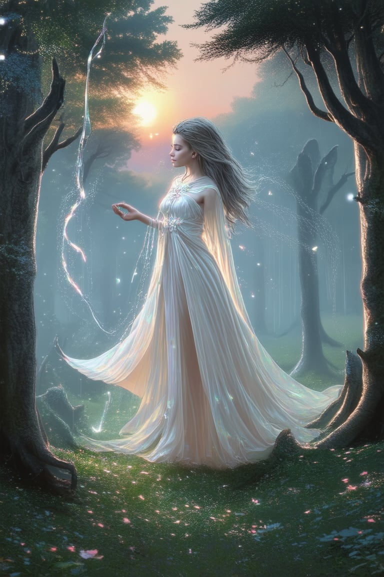 A whimsical depiction of a mystical forest at dusk, with towering trees and lush foliage illuminated by a soft, ethereal glow. A young sorceress, adorned in flowing robes, stands poised amidst the ancient trunks, her eyes aglow with wonder as she summons forth a wispy tendril of magic to dance before her.