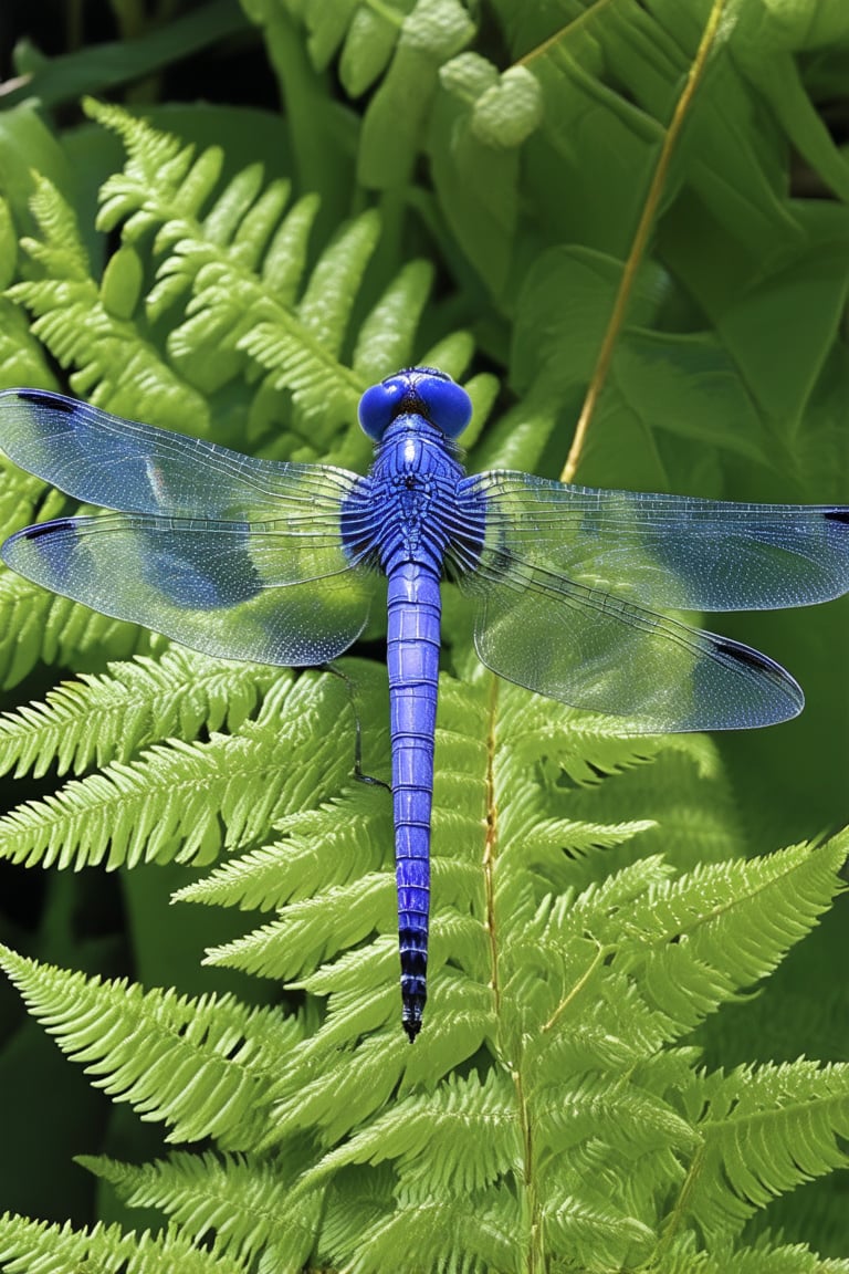 A majestic blue dragonfly perches on a lush green fern, its iridescent wings shimmering in the warm sunlight. The camera frames the insect from above, emphasizing its delicate features and the velvety texture of the foliage. Soft, diffused light wraps around the subject, casting a subtle glow on the surrounding environment.