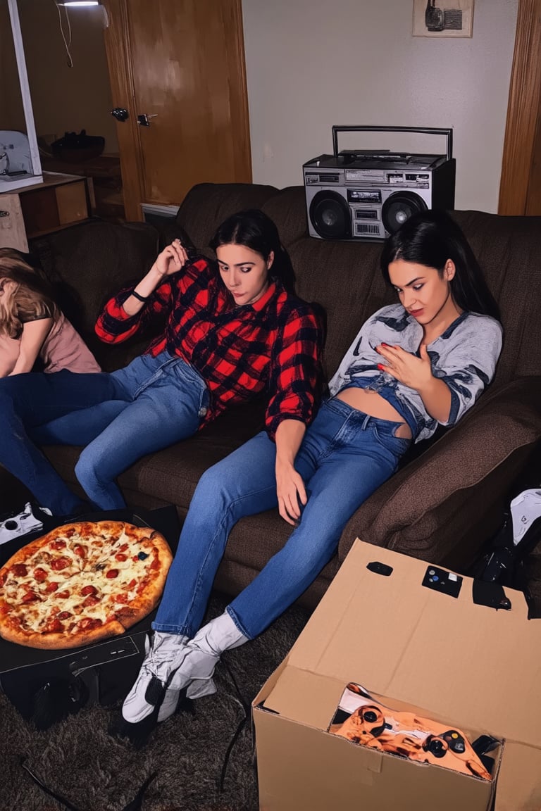 A nostalgic snapshot from a sunny day in the 1990s. A group of friends, sporting high-waisted jeans and oversized flannels, lounges on a worn-out couch in a cluttered suburban living room. Fluorescent lamps cast a warm glow, while a boombox plays a mixtape in the background. The atmosphere is laid-back, with empty pizza boxes and video game controllers scattered about.