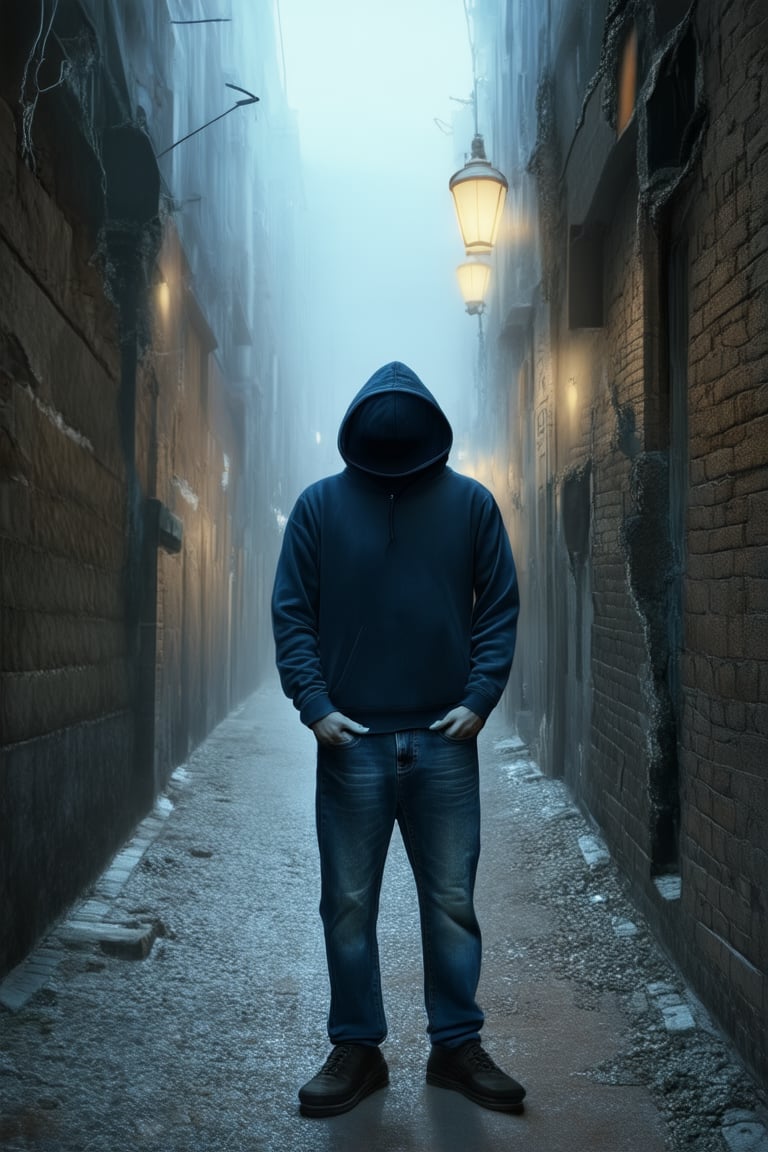 A dark blue realism scene: A solemn figure stands alone in a dimly lit, cramped alleyway, surrounded by crumbling brick walls and flickering streetlights. The subject's face is obscured by a hoodie, while their hands are buried deep in worn jeans pockets. A faint mist clings to the air, casting an eerie haze over the entire scene.