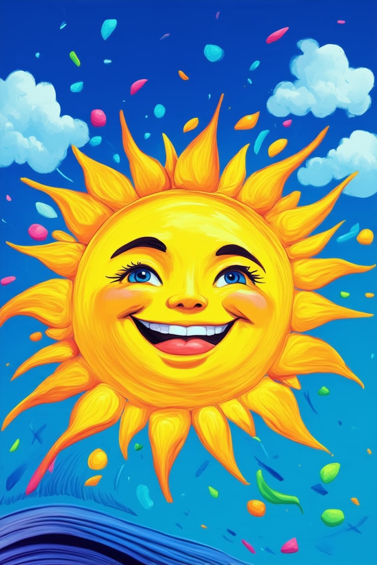 A whimsical illustration of a smiling sun bursting with vibrant, colorful petals radiating outward in a playful, swirly motion against a bright blue sky dotted with fluffy white clouds. The sun's face is framed by delicate, swirling curves, and its rays are scattered across the page in shimmering shards of color, inviting the viewer to bask in its warm, sunny glow.