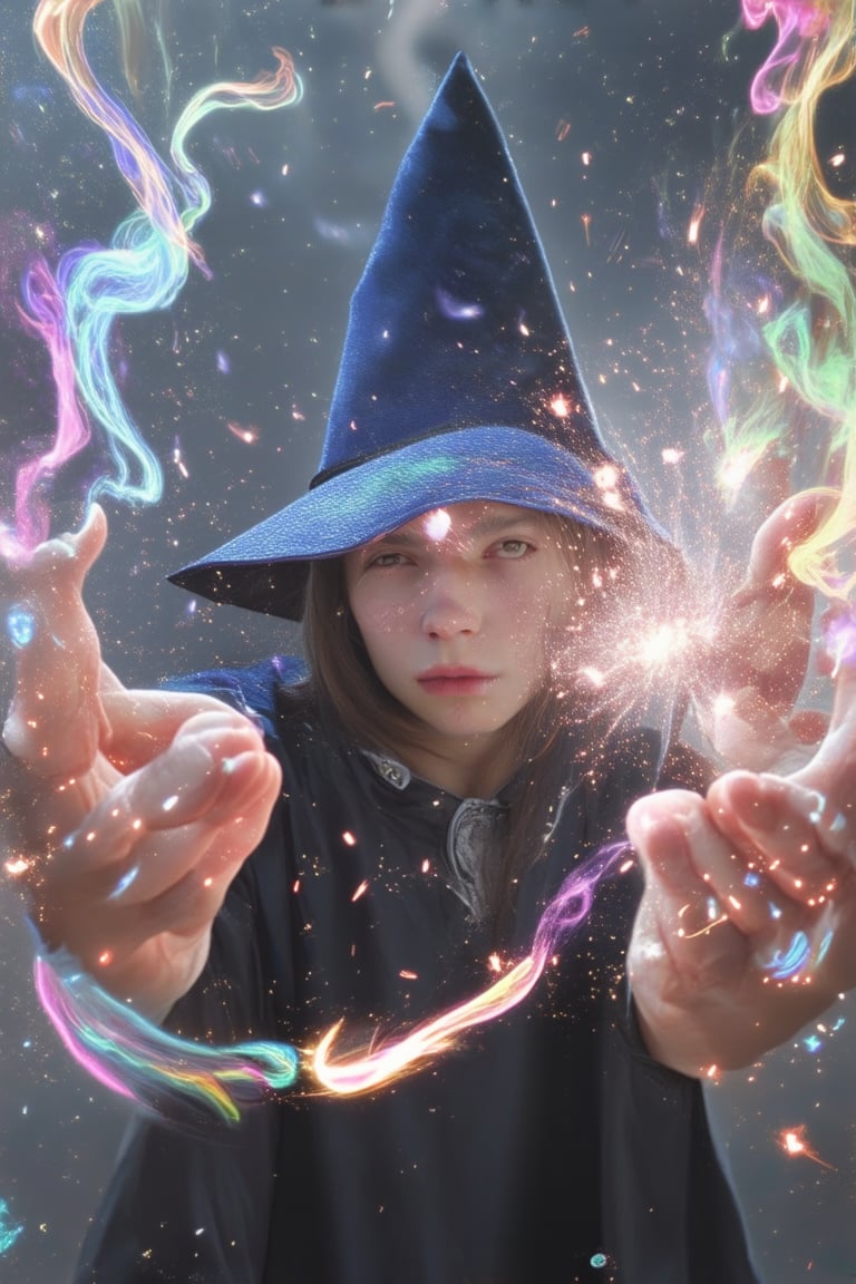 A whimsical depiction of a young wizard, surrounded by swirling mist and vibrant sparks, as they conjure up a burst of colorful smoke rings. The camera frames the scene from above, capturing the intricate details of the magic swirling around their hands. Soft, ethereal lighting illuminates the mystical atmosphere.