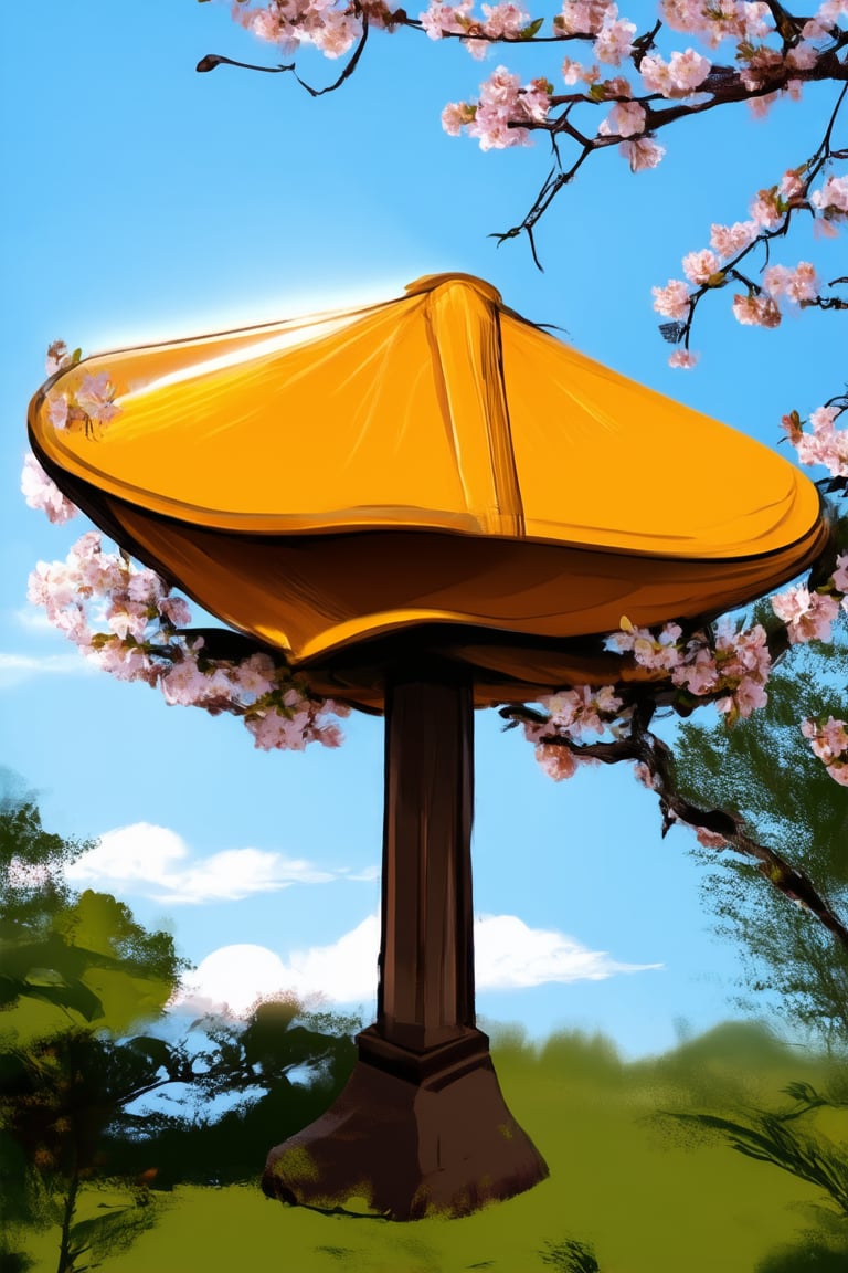 A vibrant and sunny day in a Japanese garden. A yellow hakame (a type of traditional Japanese hat) sits atop a intricately designed wooden pedestal, surrounded by lush greenery and delicate cherry blossom branches. The warm sunlight casts a gentle glow, highlighting the subtle texture of the hat's silk fabric.