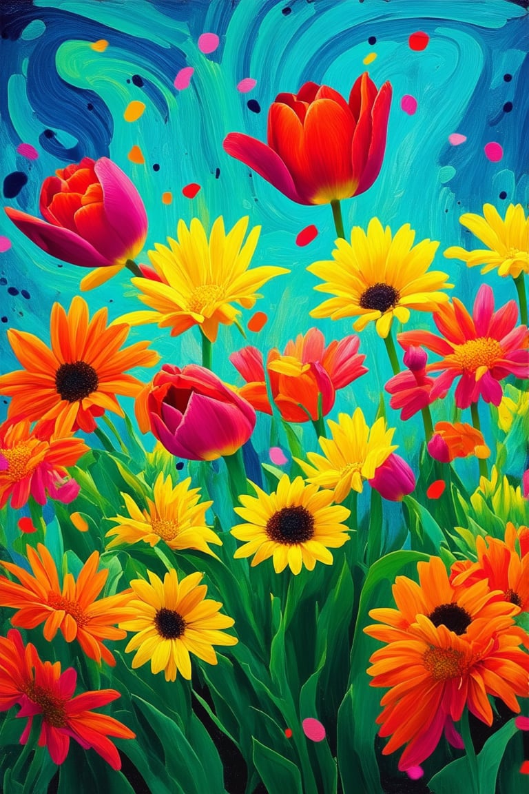 A vibrant and colorful explosion of hues! A whimsical still life setup features a medley of bright flowers - tulips in fiery red, daisies in sunshine yellow, and sunflowers in warm orange - arranged artfully amidst a tapestry of swirling brushstrokes on a canvas. Against a soft focus background, the blooms dance amidst a scattering of colorful confetti, their petals swaying gently in an invisible breeze.