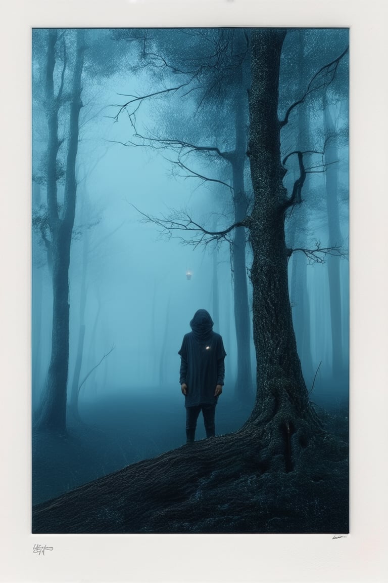 A moody, dark blue-hued realism depicts a solitary figure standing at the edge of a misty forest, surrounded by towering trees with gnarled branches. The subject's face is obscured by shadows, while their worn clothing blends with the somber atmosphere. A faint glow emanates from a distant lantern, casting an eerie light on the scene.