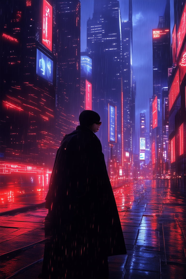 A dystopian metropolis at dusk: neon-lit skyscrapers pierce the smog-choked sky as a lone figure in a trenchcoat and sunglasses navigates the rain-soaked streets, surrounded by holographic advertisements and cybernetic enhancements. Flickering LED lights cast an eerie glow on wet pavement.