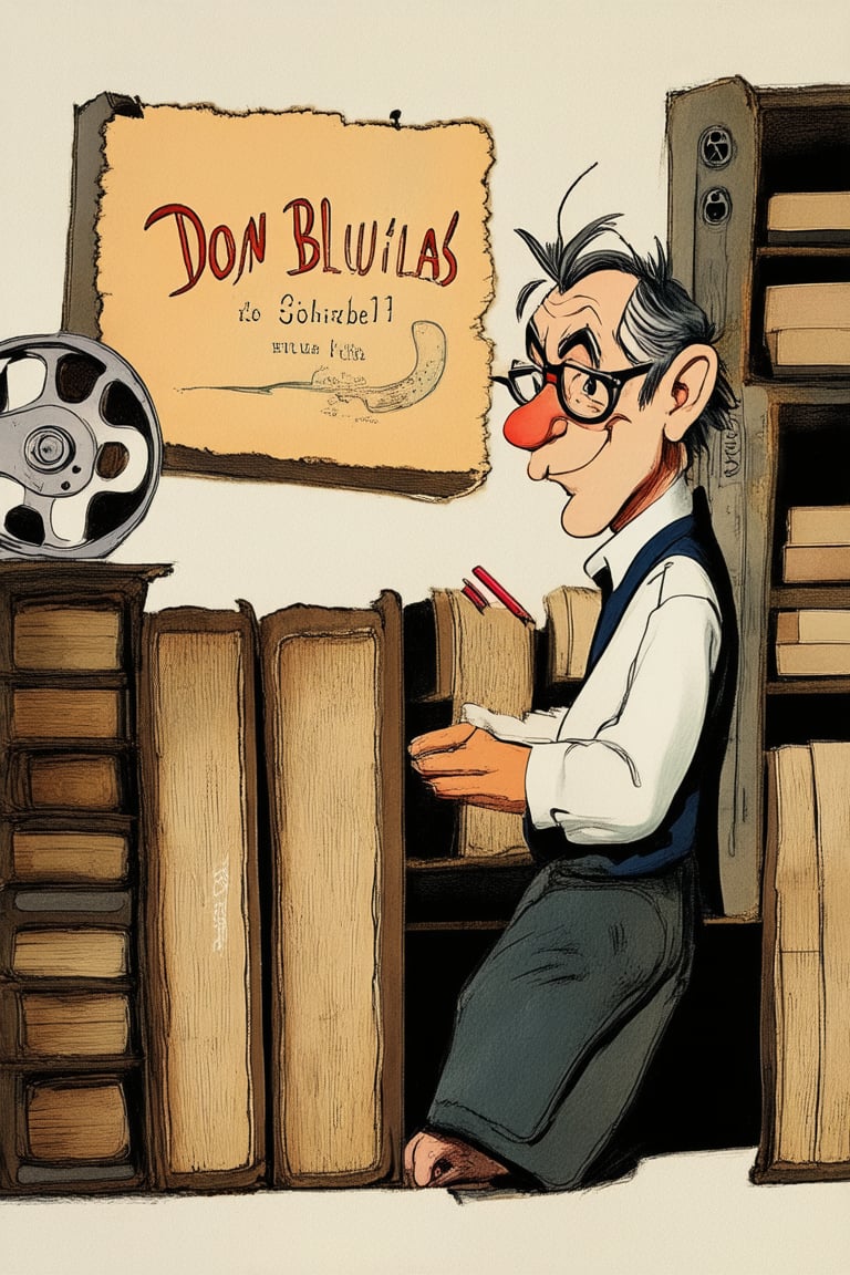 A whimsical animation studio setting: Don Bluth's iconic logo emblazoned on a wooden sign creaking in the breeze, surrounded by vintage cartoon cells and dusty film reels. The camera pans across worn leather-bound tomes and retro computer hardware as a bespectacled Don Bluth himself, pencil tucked behind ear, surveys his creative domain with a warm smile.