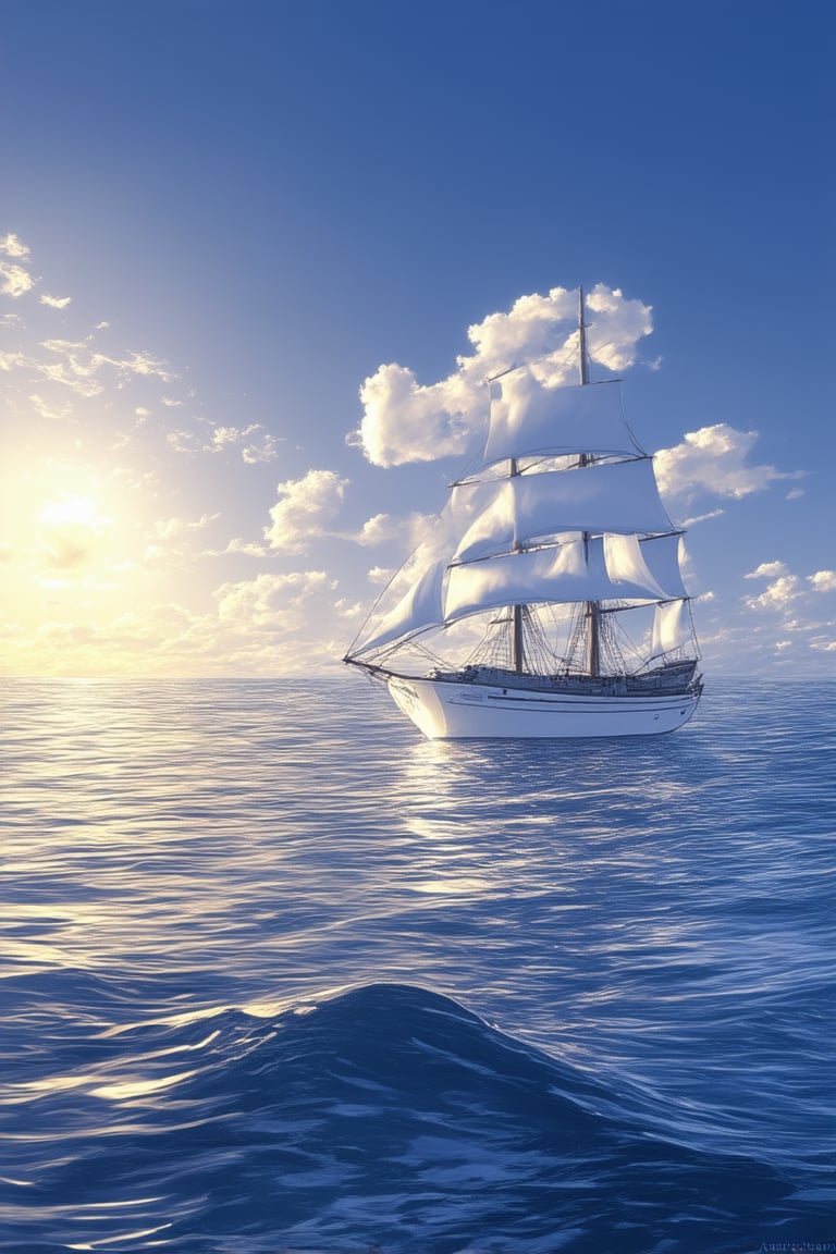 A majestic blue ocean sprawls across the horizon, its waves gently lapping at the shore as a regal sailboat glides effortlessly through the calm waters. The vibrant blue sky above is dotted with wispy clouds, their soft puffs mirroring the subtle ripples on the sea's surface. The sun casts a warm golden glow, illuminating the scene in a tranquil atmosphere of serenity and majesty.