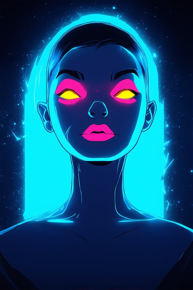 A vibrant portrait of a person with an intense, electric blue aura surrounding their body, like a human-shaped neon sign. The subject's facial expression is one of confident intensity, with bright pink lips and glowing yellow eyes that seem to pierce through the darkness. Against a deep indigo background, the extreme hue of their being radiates outward, as if it might ignite the entire scene.