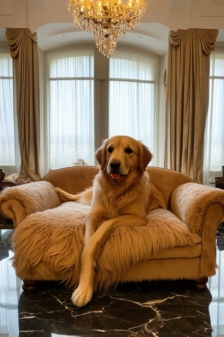 A luxurious golden retriever lounges on a plush cream-colored velvet couch, surrounded by opulent marble flooring and ornate chandeliers. Soft morning light spills through floor-to-ceiling windows, illuminating the dog's rich fur as it stretches out languidly, its tail swishing gently across the luxurious throw blanket.