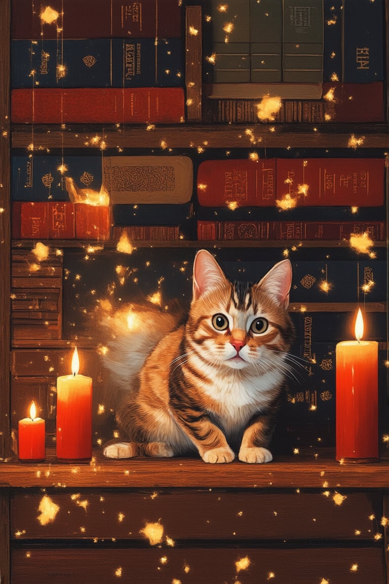 A whimsical illustration of a curious cat sitting on a worn wooden bookshelf amidst a scattering of vintage books and twinkling candles, surrounded by a soft, warm glow with a subtle hint of golden light. The feline's ears are perked up, and its whiskers twitch as it paws at an old leather-bound tome, as if searching for hidden secrets within the pages.