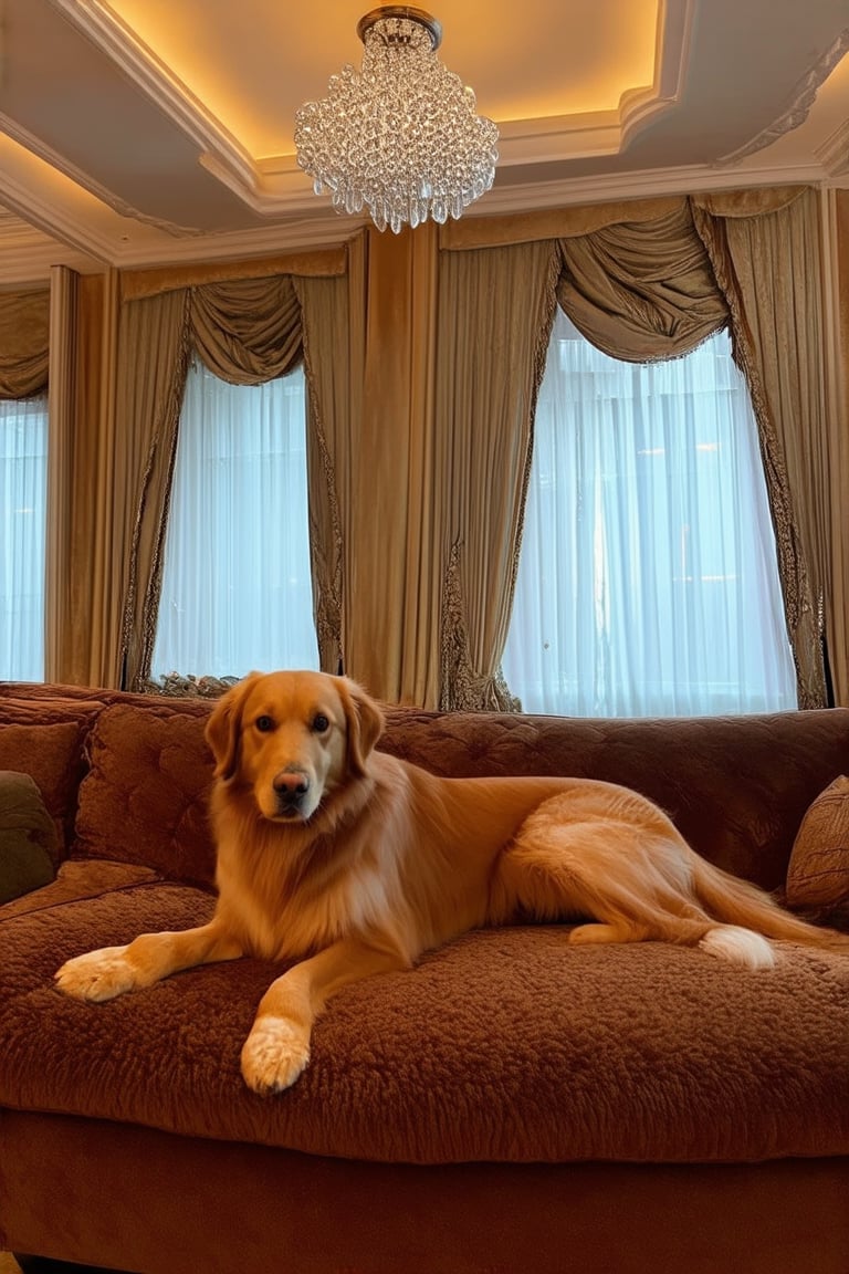 A regal golden retriever lounges on a plush velvet couch in a lavish living room, surrounded by opulent furnishings and soft lighting. The dog's fur glistens under the warm glow of crystal chandeliers, its eyes shining like diamonds as it gazes up at a stunning crystal chandelier.