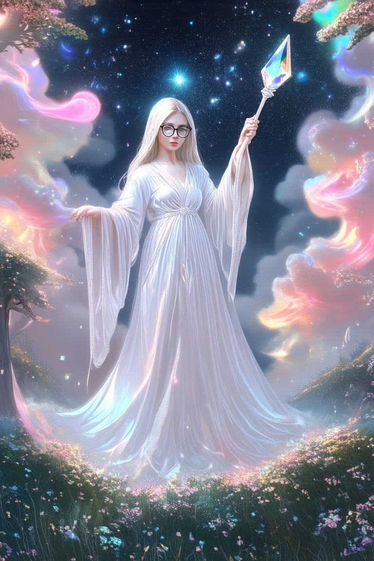 A whimsical illustration of a fantastical realm, with swirling clouds of iridescent smoke and shimmering starlight casting an ethereal glow on the mystical forest. In the center, a bespectacled sorceress, dressed in flowing white robes, holds a glowing crystal wand aloft as she summons the magic of WonderMagic.