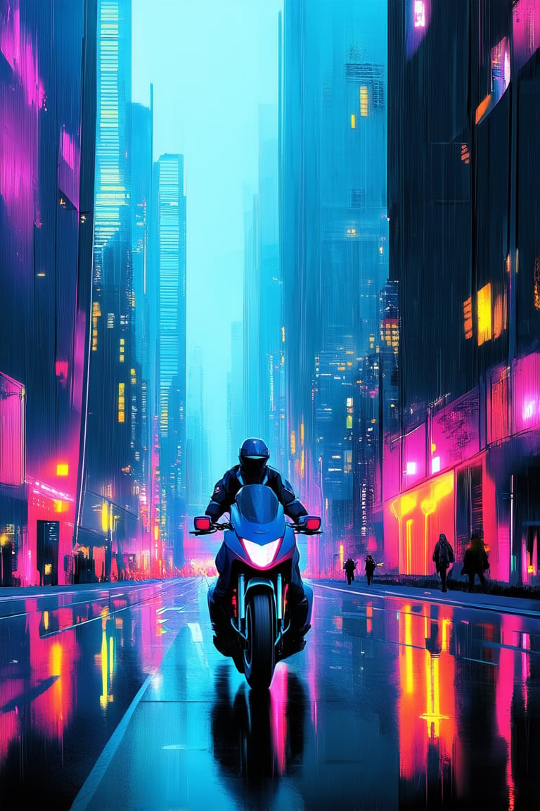 A vibrant depiction of a futuristic cityscape at dusk, with towering skyscrapers and neon lights reflecting off a rain-soaked street. In the foreground, a sleek, high-tech motorcycle zooms past a cluster of pedestrians, its bright blue hue standing out against the muted tones of the urban landscape.