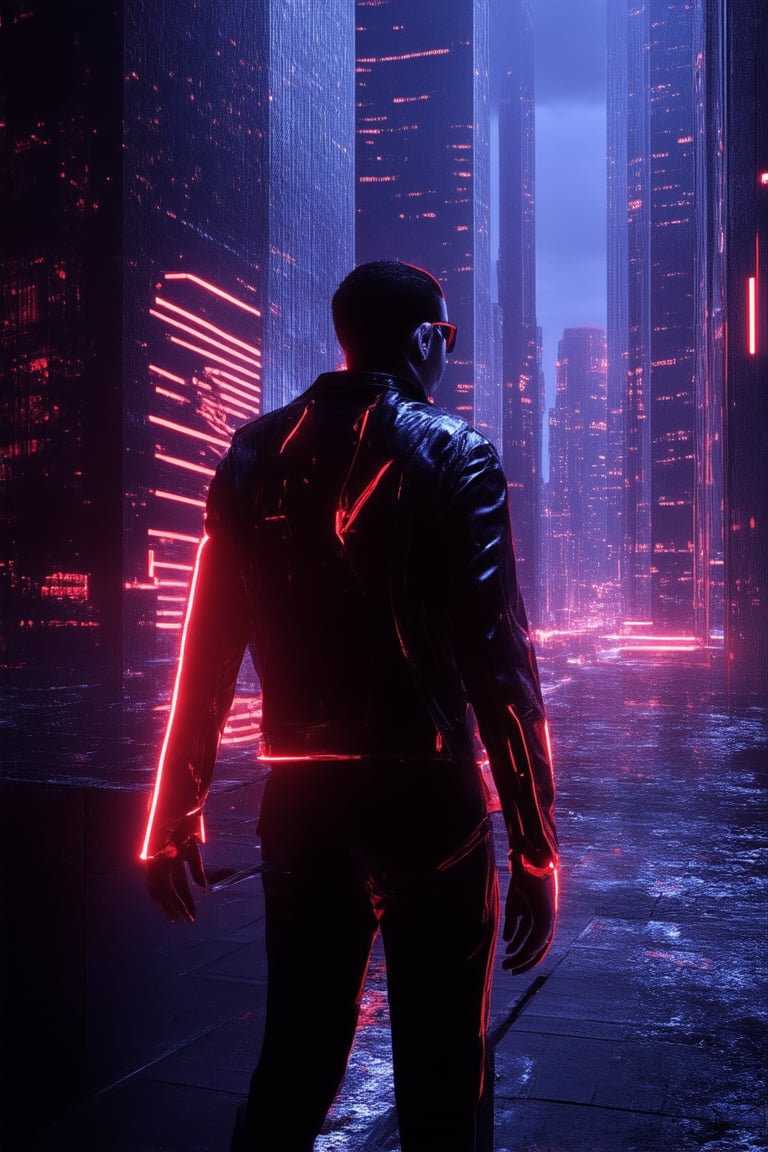 Low-lit neon cityscape at dusk. A lone figure in a futuristic leather jacket and shades stands atop a worn concrete building, overlooking the sprawling metropolis. The city's towering skyscrapers reflect off the wet pavement, casting a gritty glow. In the distance, holographic advertisements flicker and pulse, while sleek cybernetic enhancements adorn the figure's arms. A fusion of organic and synthetic elements.