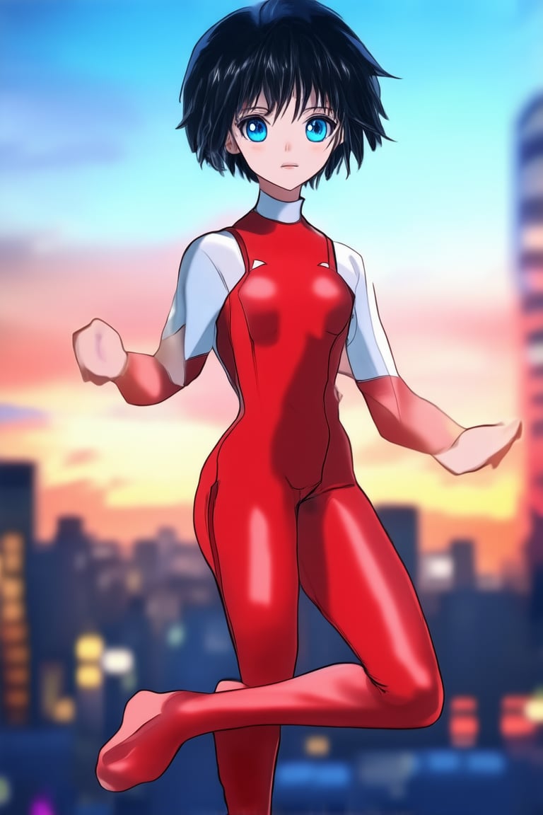 A teenage girl with short, spiky black hair and bright blue eyes, posing confidently in a dynamic anime-inspired stance, one leg slightly bent and arms akimbo. She's dressed in a sleek red and white jumpsuit with a bold, contrasting design. The background is a blurred cityscape at sunset, with warm orange hues and vibrant neon lights.