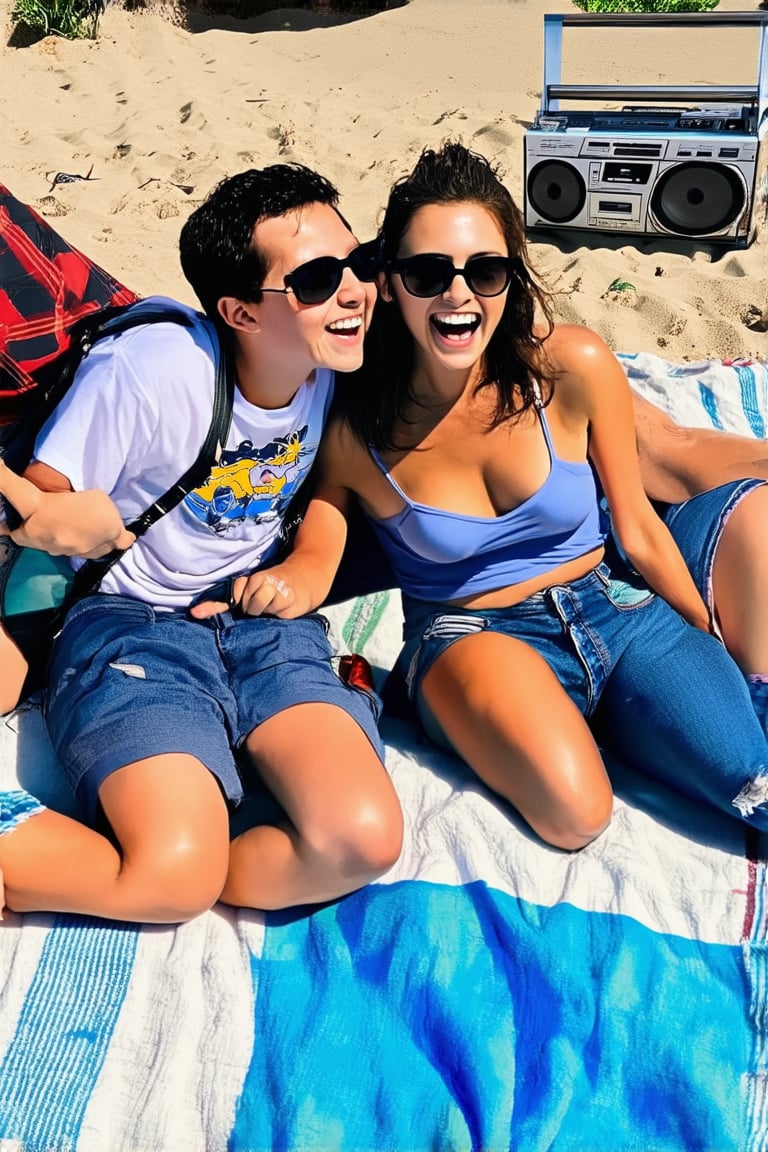 A nostalgic snapshot from the 1990s: a group of friends lounging on a sun-kissed beach towel, surrounded by the vibrant hues of a summer afternoon. The boys sport baggy jeans and graphic tees, while the girls wear high-waisted shorts and oversized sunglasses. A boombox plays tunes in the background as they share laughter and memories.