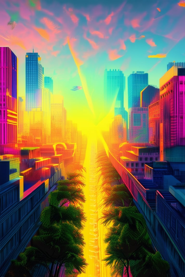 A bright and bold cityscape at sunset, with vibrant colorful hues of orange, pink, and yellow dominating the sky. Buildings and streets below are bathed in a warm golden light, while trees and greenery stand out against the kaleidoscope of colors above. A dynamic composition, featuring contrasting textures and shapes, creates visual tension.