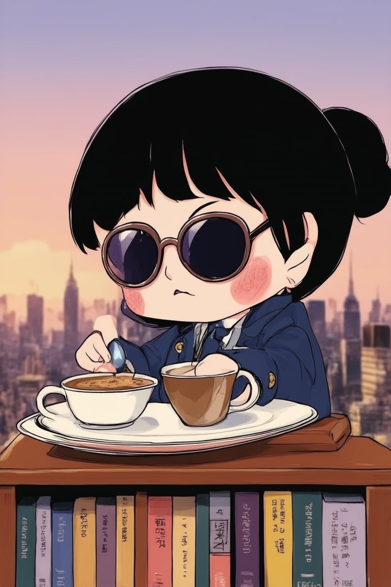 A whimsical chibi scene: A cartoonishly small Evey (from Ergo Proxy) sits on a giant bookshelf, surrounded by tiny anime and manga volumes. She's wearing a miniature version of her iconic suit, complete with oversized sunglasses and a confident expression. The background is a blurred cityscape at sunset, with warm hues and soft focus. Evey holds a miniature espresso cup and saucer, as if sipping on a coffee while studying.