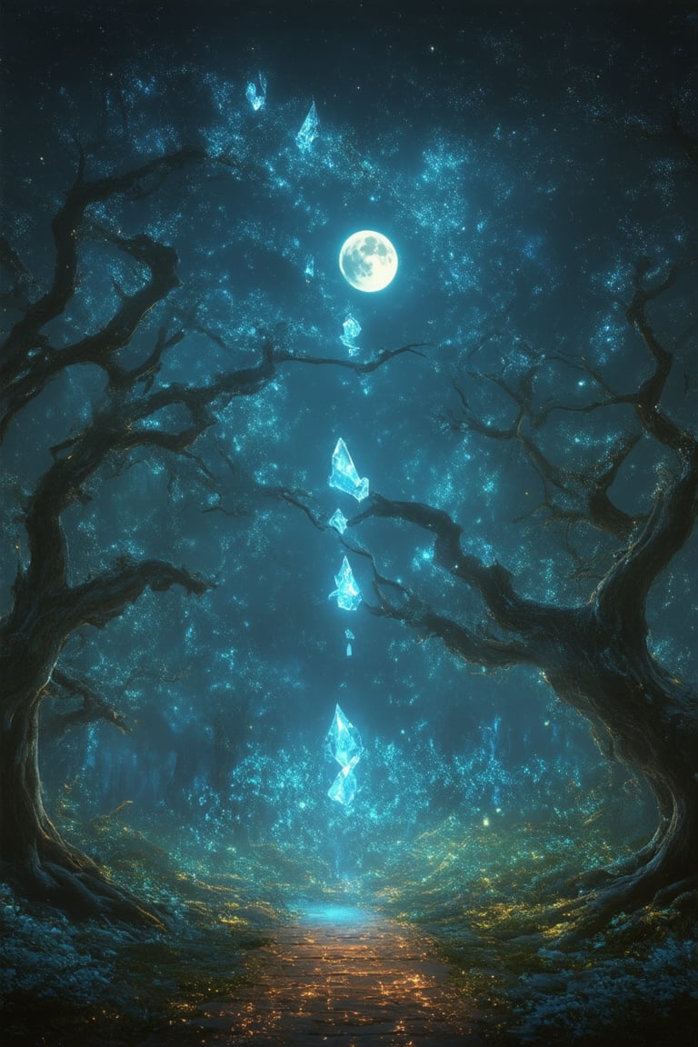 Capture a majestic scene of glowing crystals suspended in mid-air amidst a dark, mystical forest. Softly lit by an ethereal moonbeam, the crystals radiate a vibrant blue glow, casting an otherworldly ambiance. Tall trees with gnarled branches stretch towards the sky, framing the crystals like a celestial altar. In the foreground, a wispy mist rises from the forest floor, adding to the enchantment.